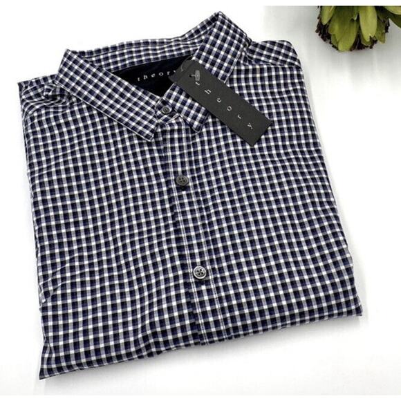 Theory Zach PS Delridge Button Cotton Shirt XL Long Sleeve Blue Black Plaid New - Picture 1 of 8